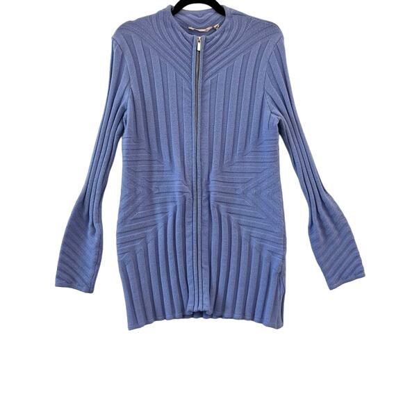 Soft Surroundings Blue Longline Gold Zip Geometric Cardigan Sweater Womens Small - Picture 1 of 15
